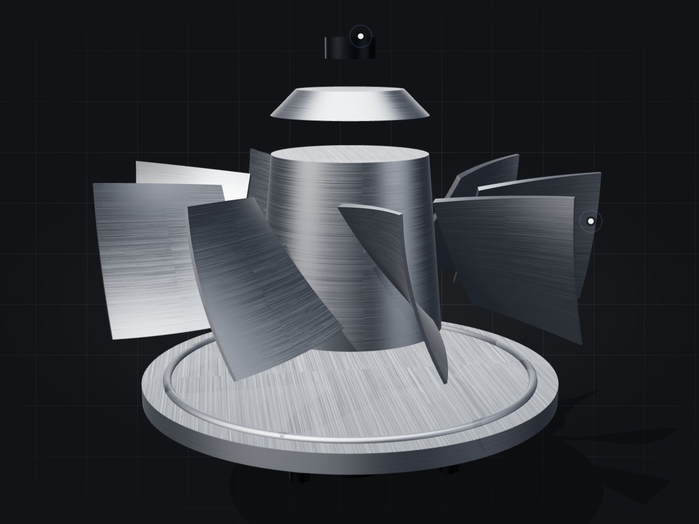 Frame from an exploded-view sequence of a nine-blade impeller