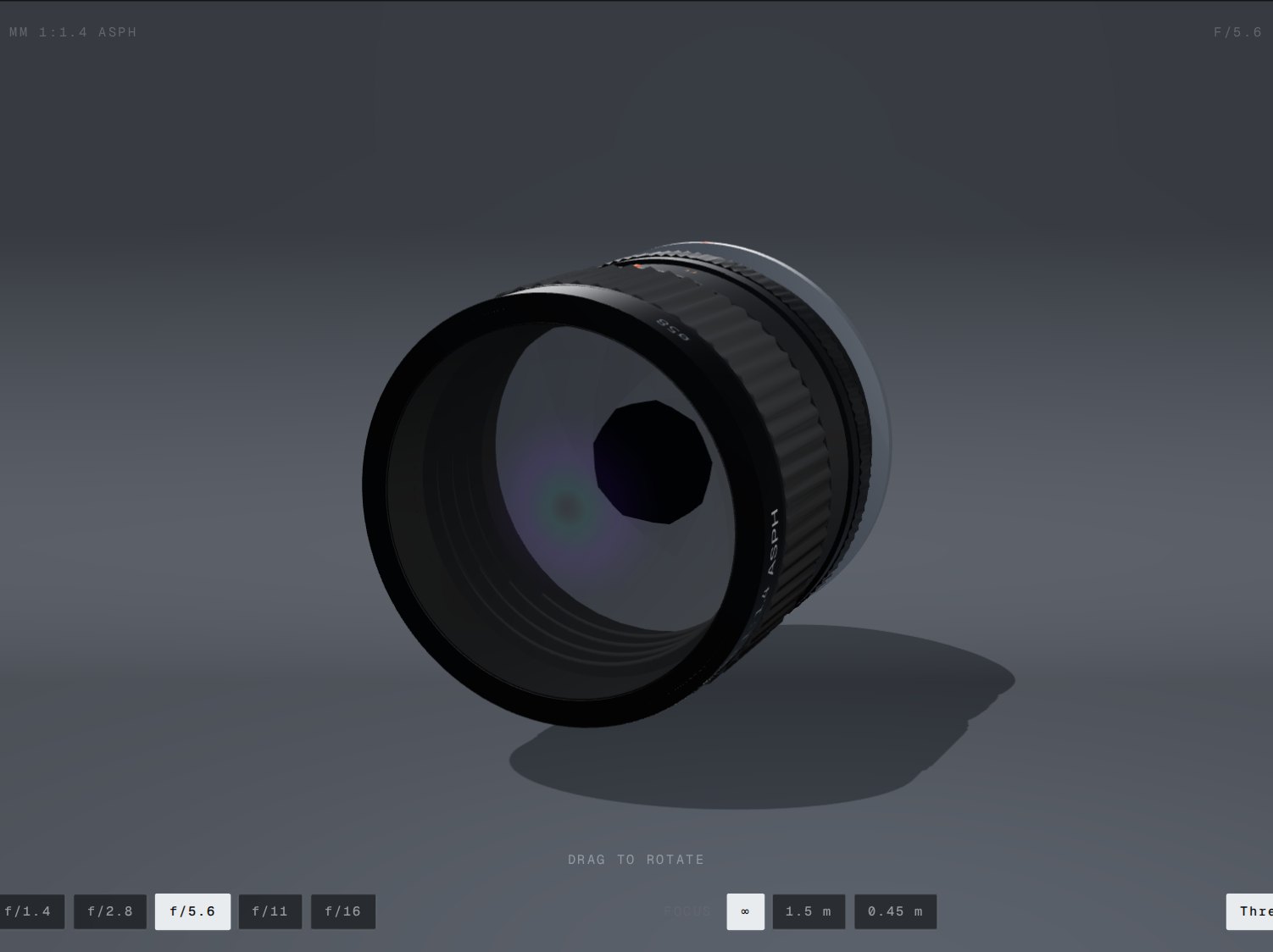 Lens viewer stopped down to f/5.6, with aperture and focus controls